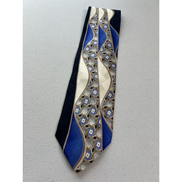 Luciano Gatti Blue and Brown Geometric Pattern 100% Silk Handmade Tie NWOT - Picture 3 of 7